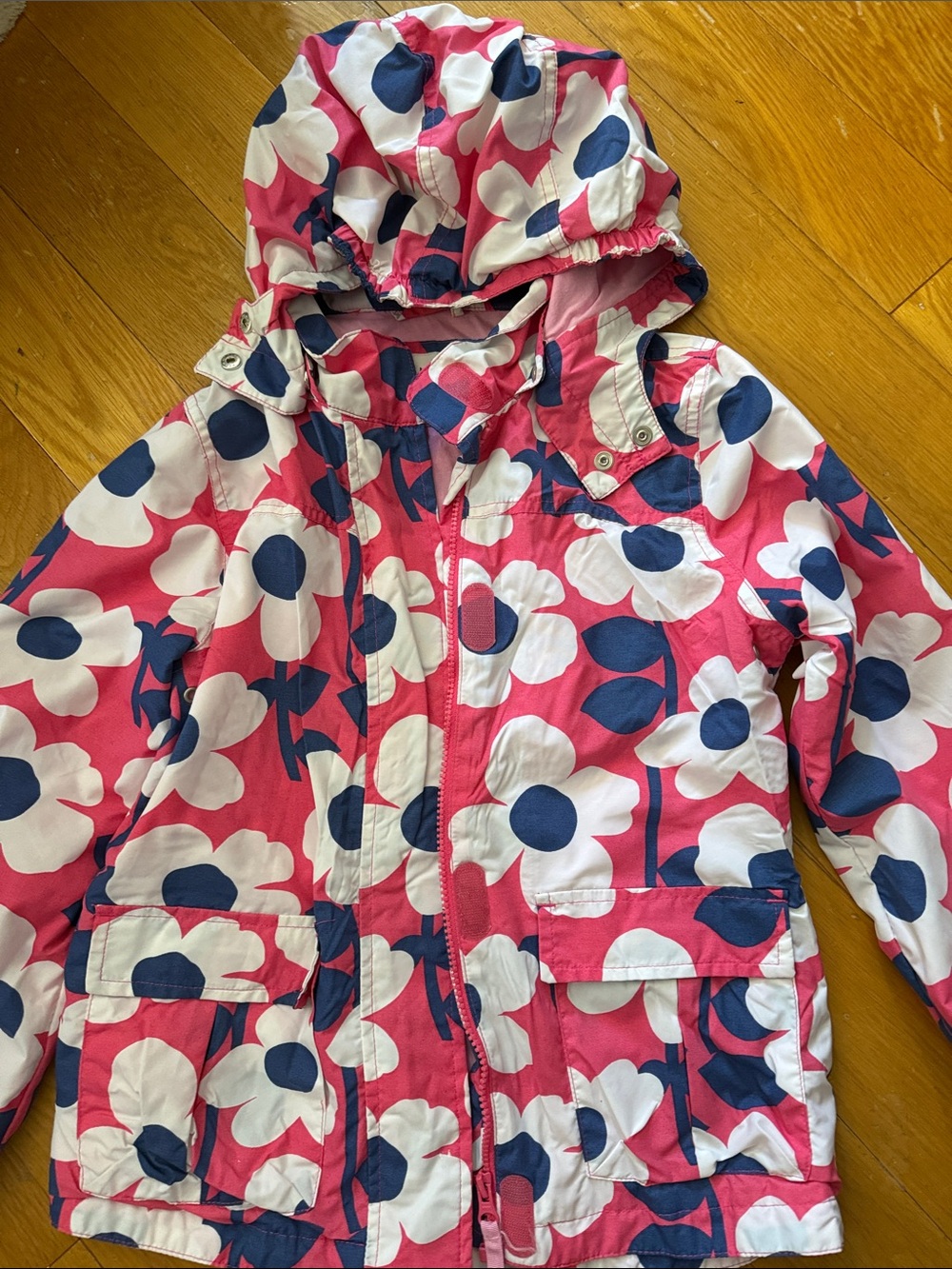 Mini Boden Pink Floral Hooded Raincoat with Navy Accents 9-10Y